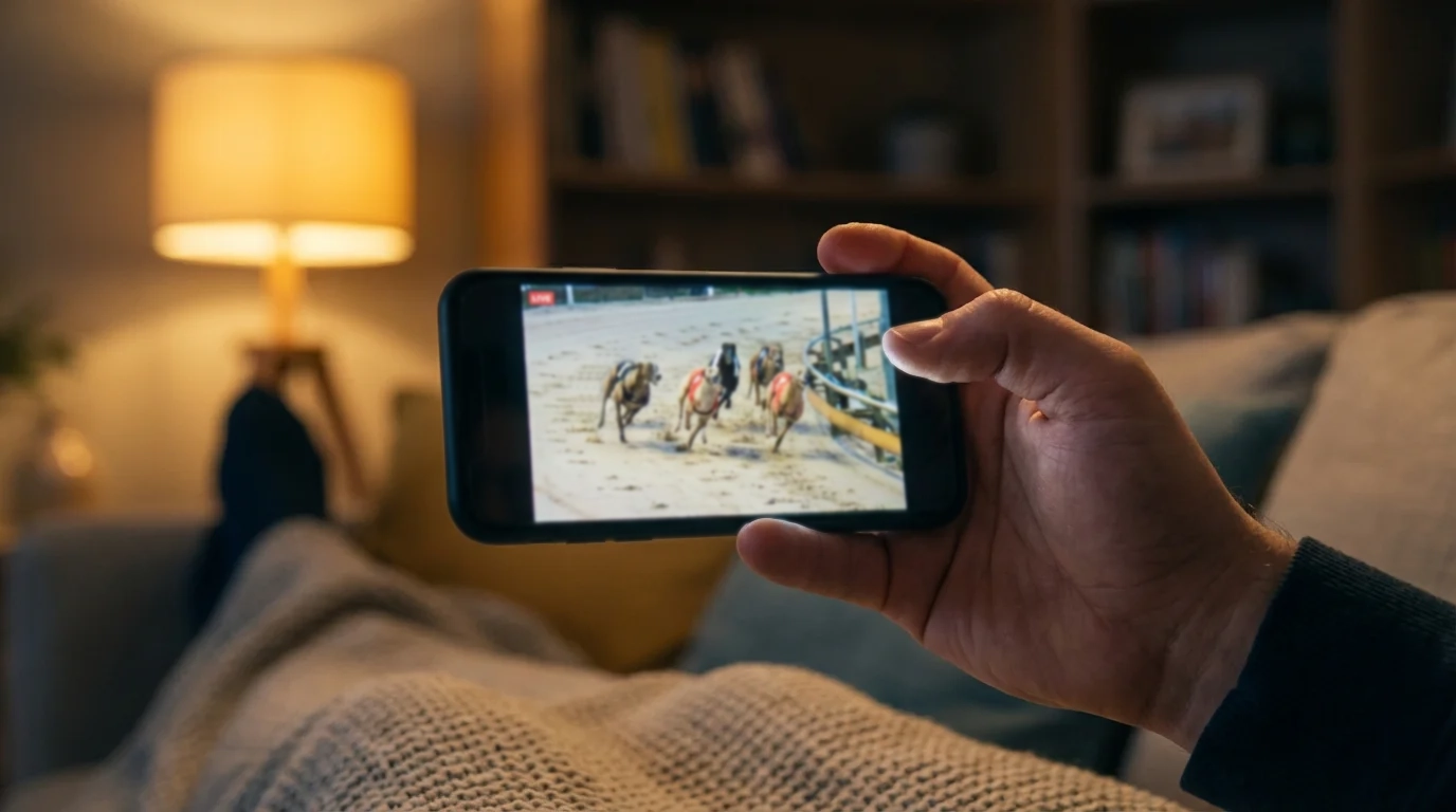 Person using a smartphone to watch live greyhound racing with a betting app