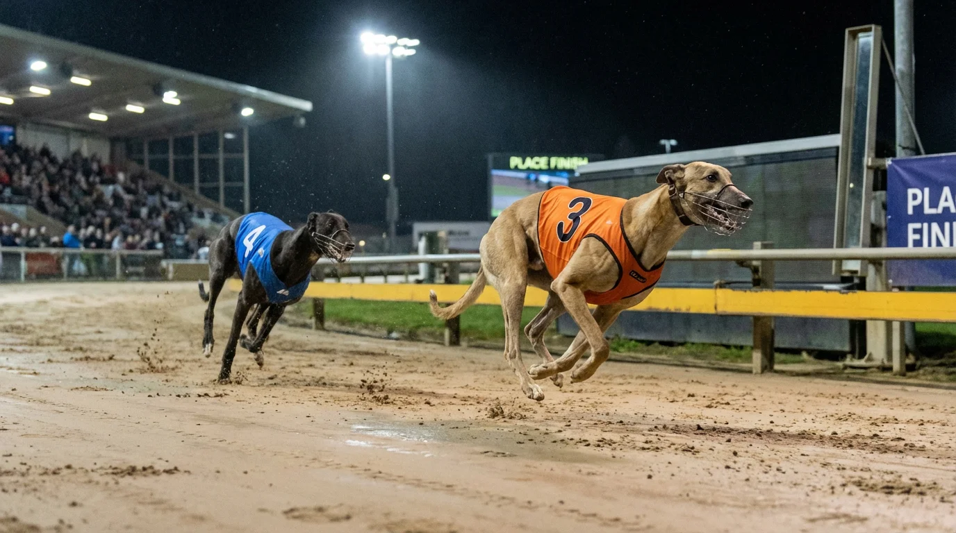 Greyhound finishing in second place close behind the leader on a sand racing track