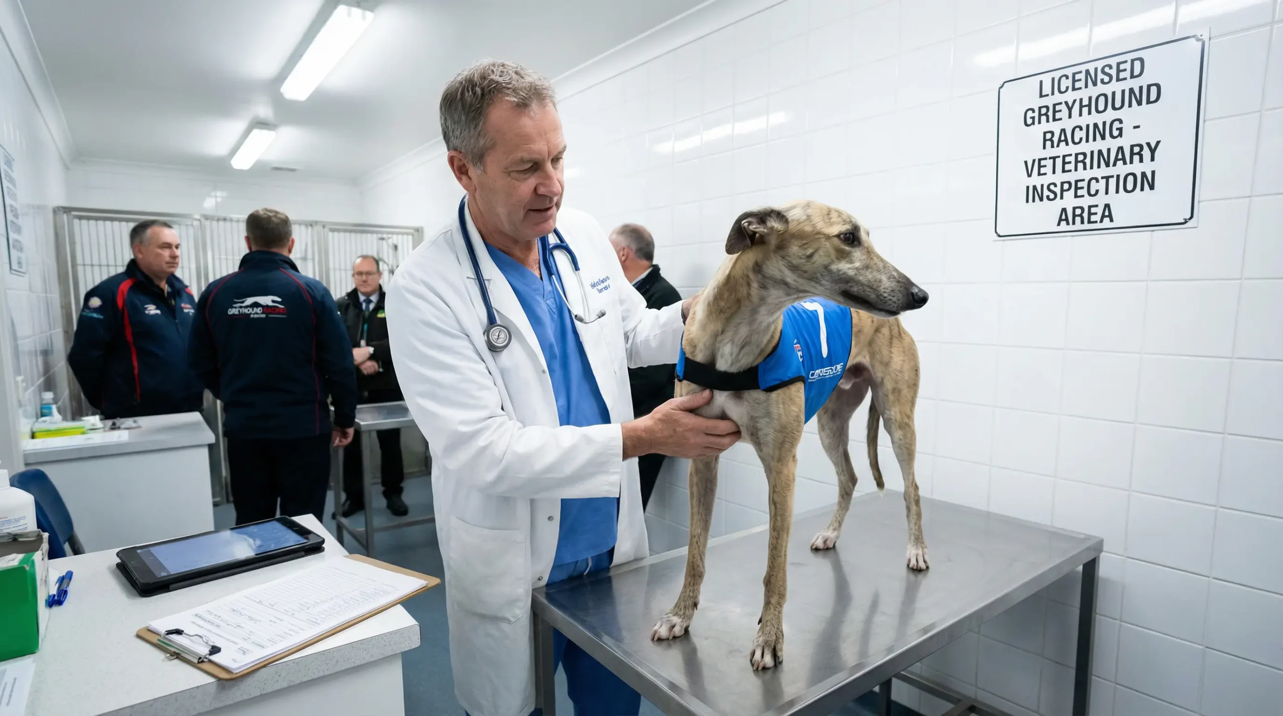 Official steward inspecting a racing greyhound before a race at a licensed UK track