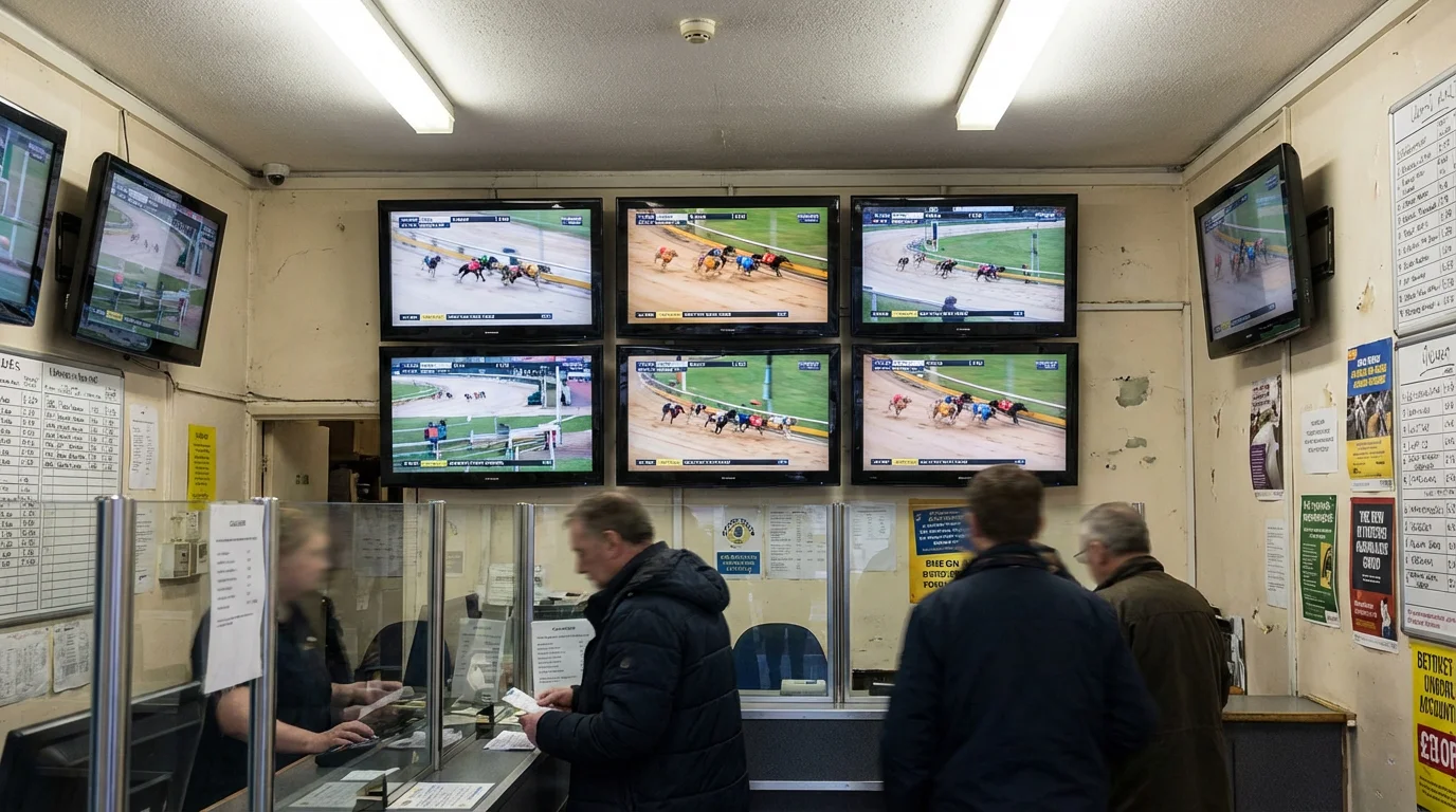 Greyhound racing action with multiple races on screen at a betting venue