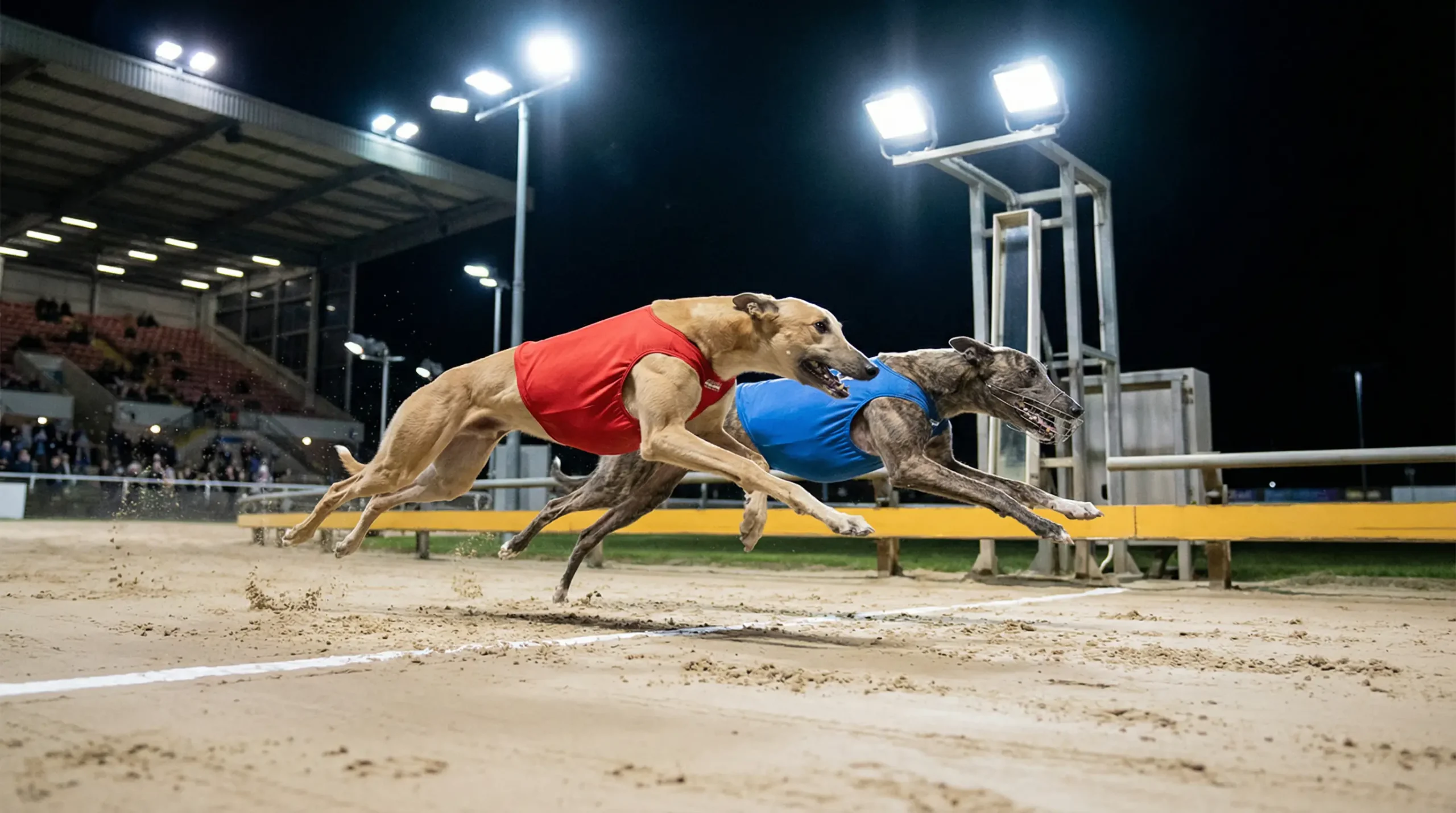 Two greyhounds crossing the finish line in a close race at a floodlit sand track