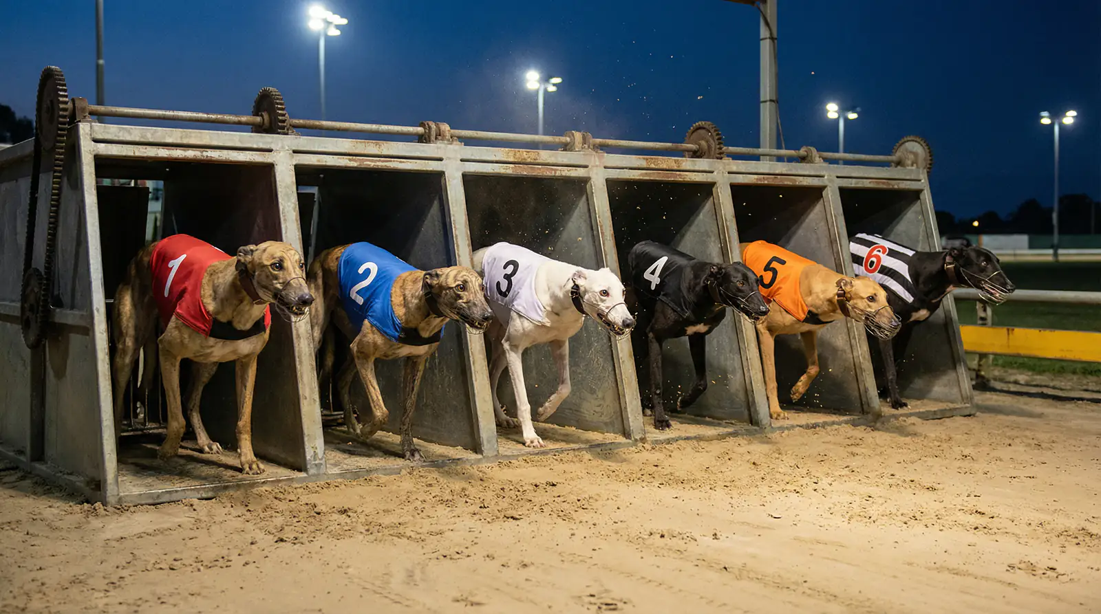Six greyhounds in coloured racing jackets lined up in starting traps at Monmore Green