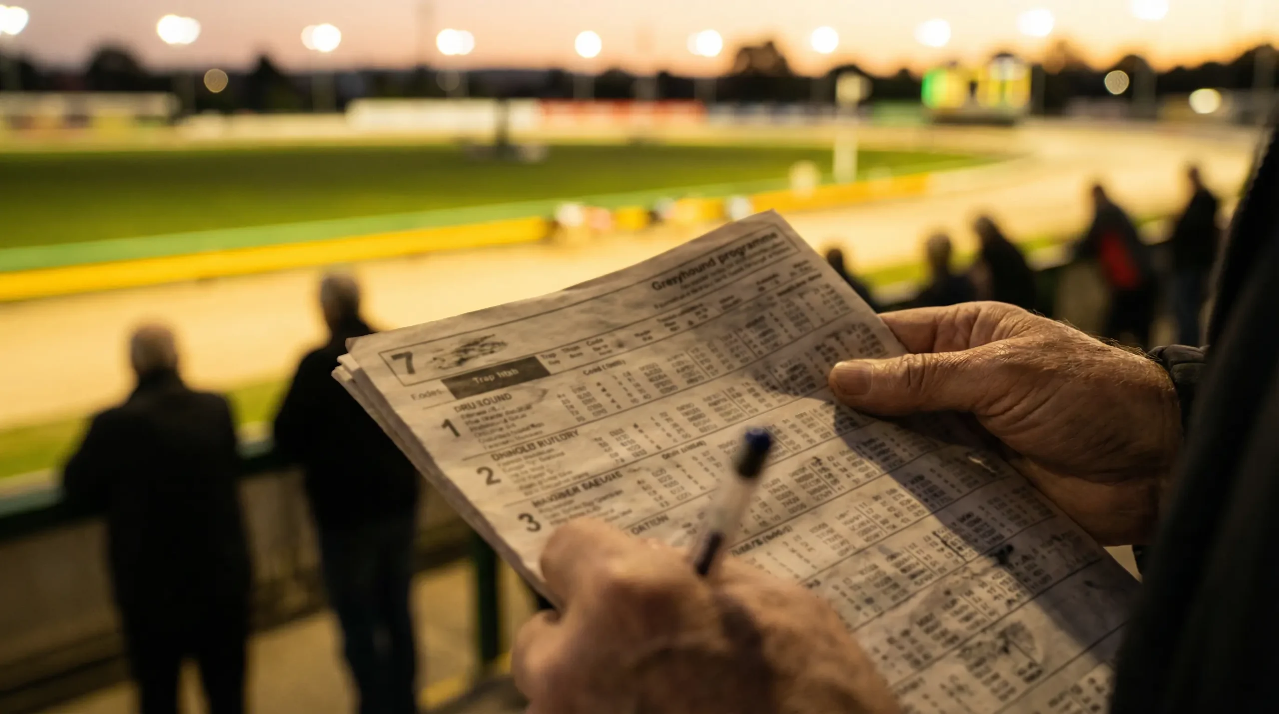 Close-up of a printed greyhound racecard with form figures and abbreviations