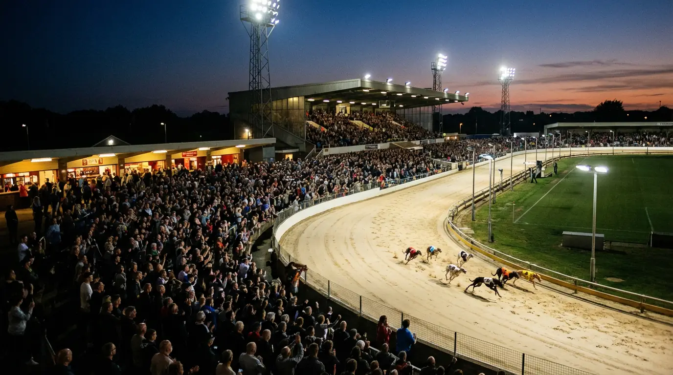 Packed greyhound racing stadium on a major competition evening under floodlights