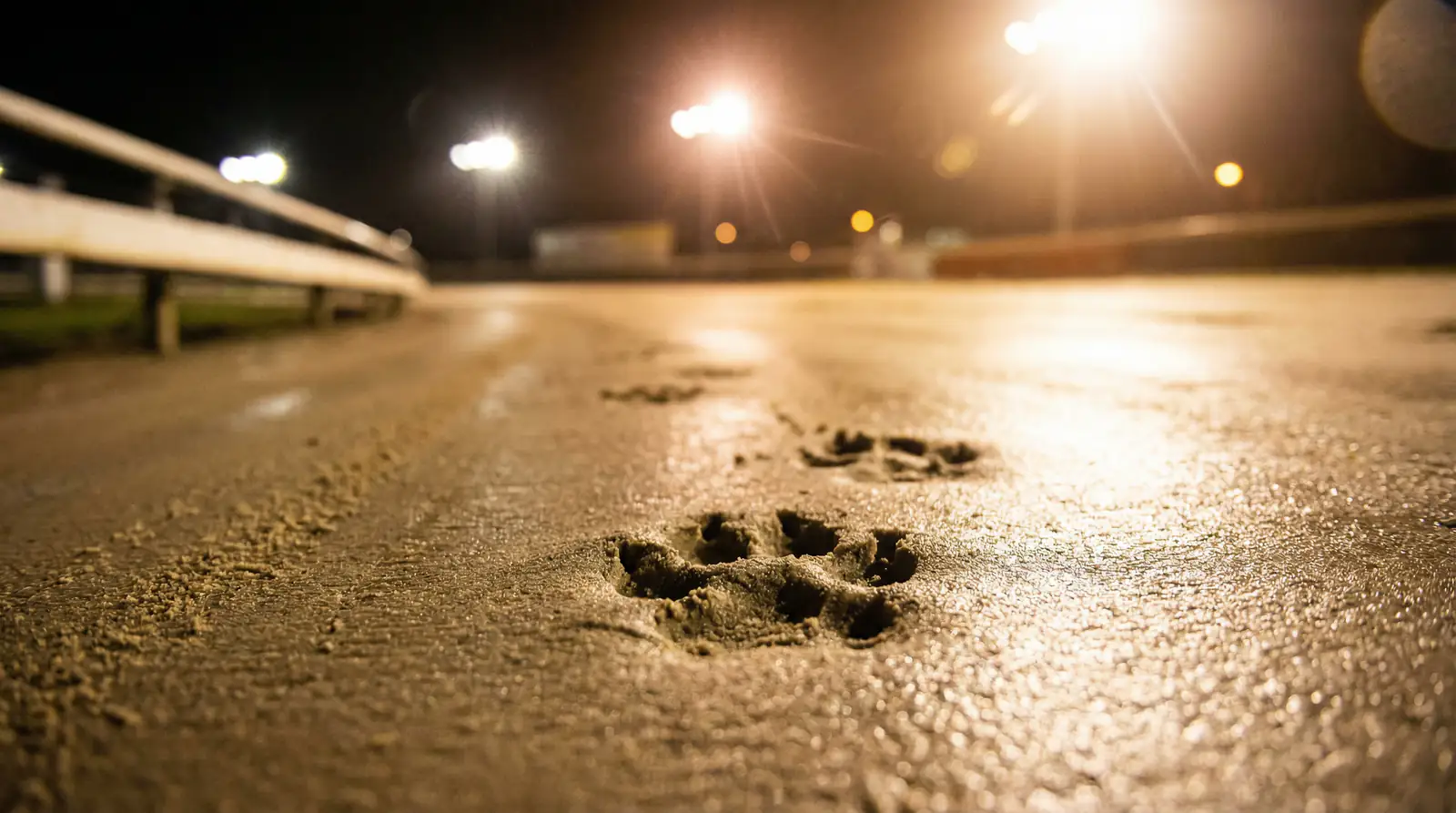Close-up of a sand greyhound racing track surface with paw prints under floodlights