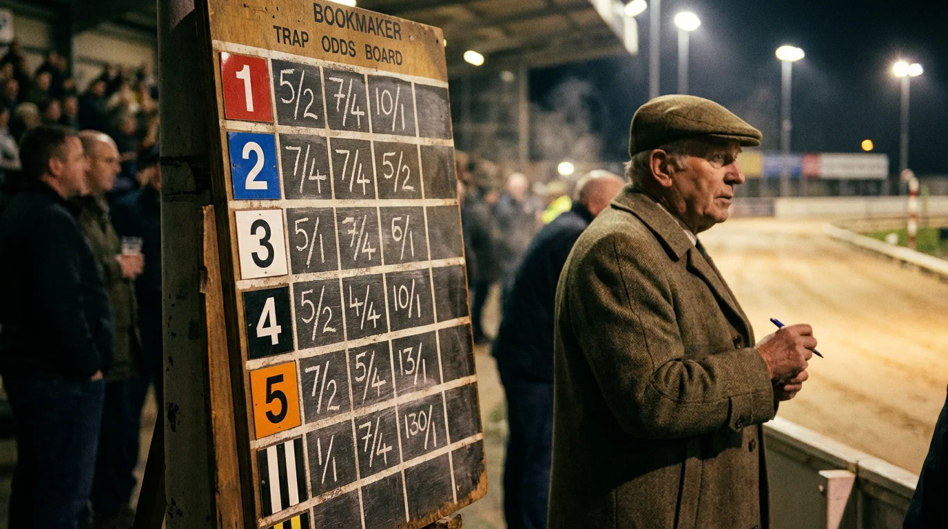 Bookmaker odds board at a greyhound racing stadium showing trap numbers and prices