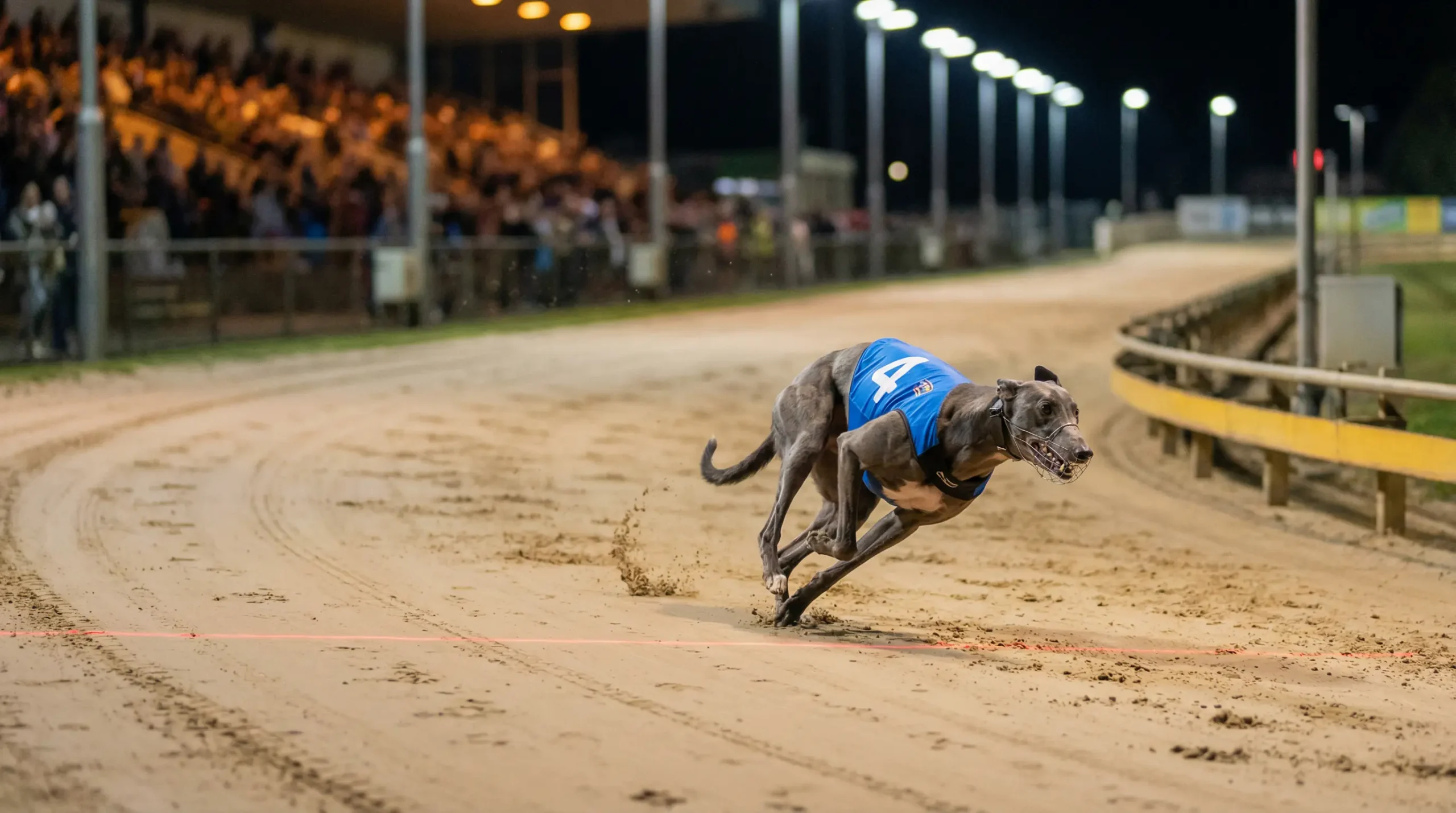 Greyhound passing timing beam at the first bend of a sand track