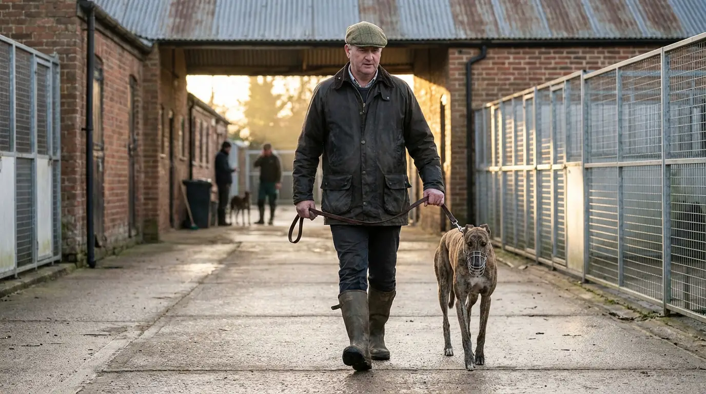 Greyhound trainer walking a racing dog in a kennel area before a race