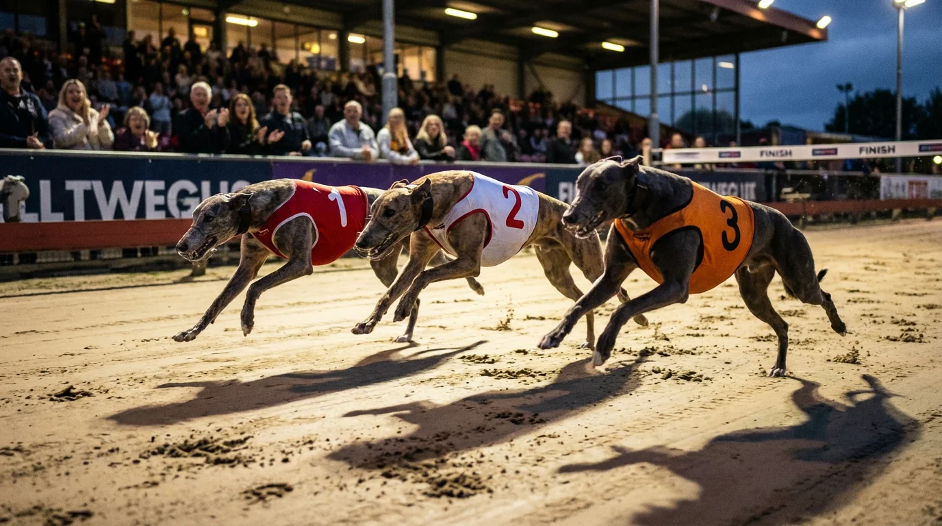 Three greyhounds racing neck and neck approaching the finish line under floodlights