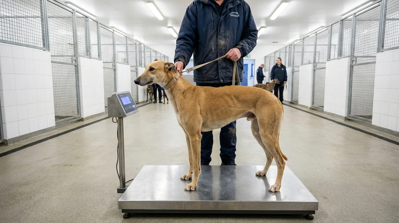 Racing greyhound standing on weighing scales during pre-race weigh-in at a stadium