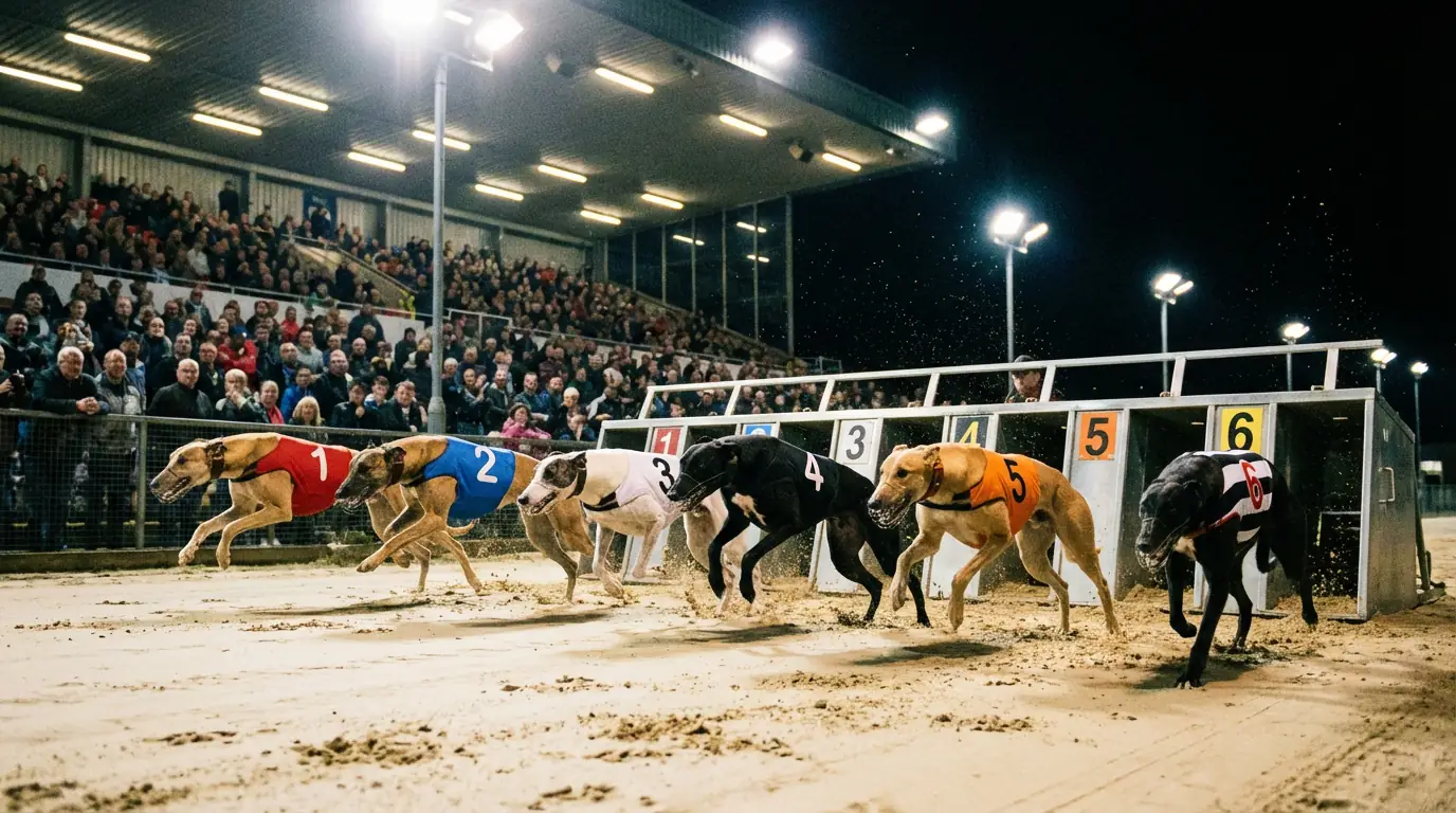 Greyhounds racing in the Ladbrokes Gold Cup final at Monmore Green stadium