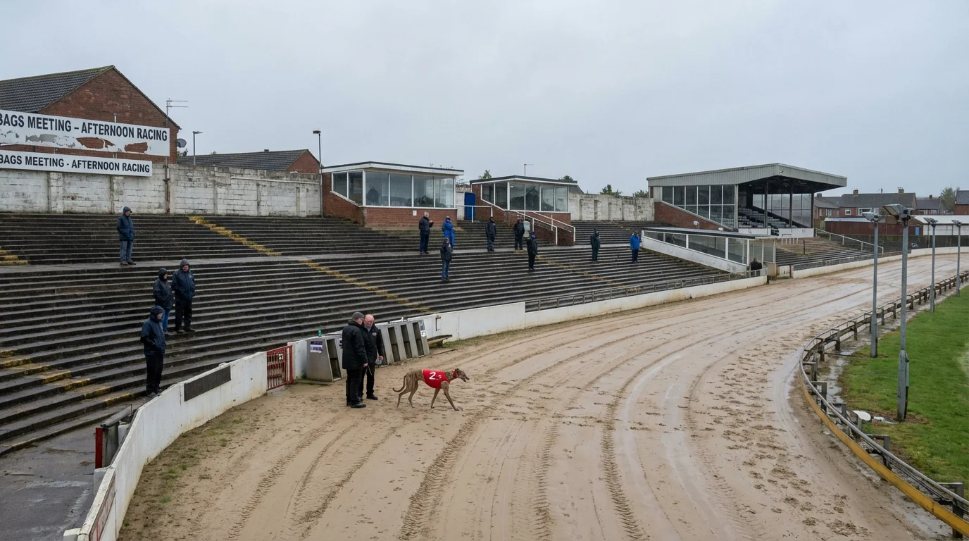Empty Monmore Green stadium terraces during a quiet afternoon BAGS greyhound meeting