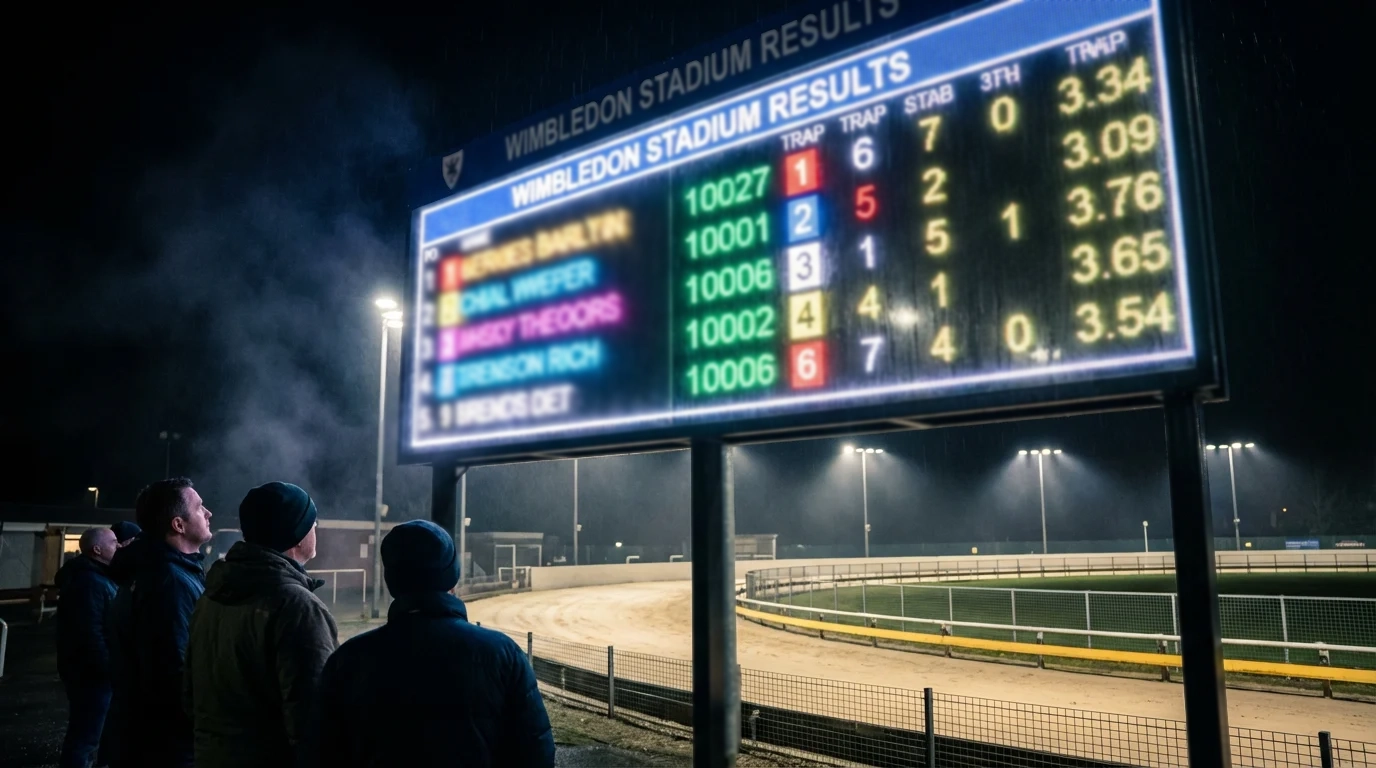 Live results screen at Monmore Green greyhound stadium showing race finishing positions