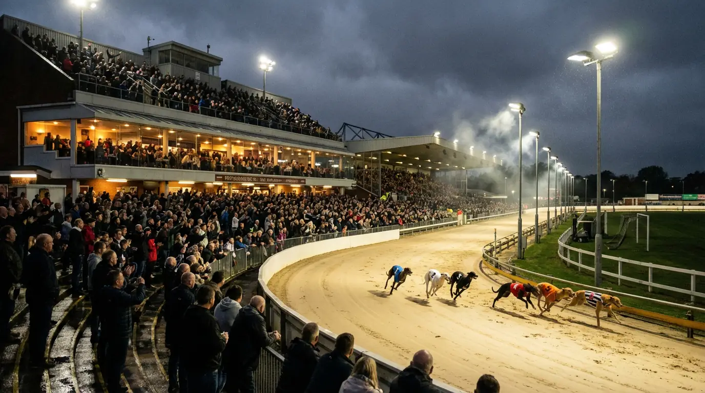 Spectators watching live greyhound racing from the terraces at Monmore Green stadium