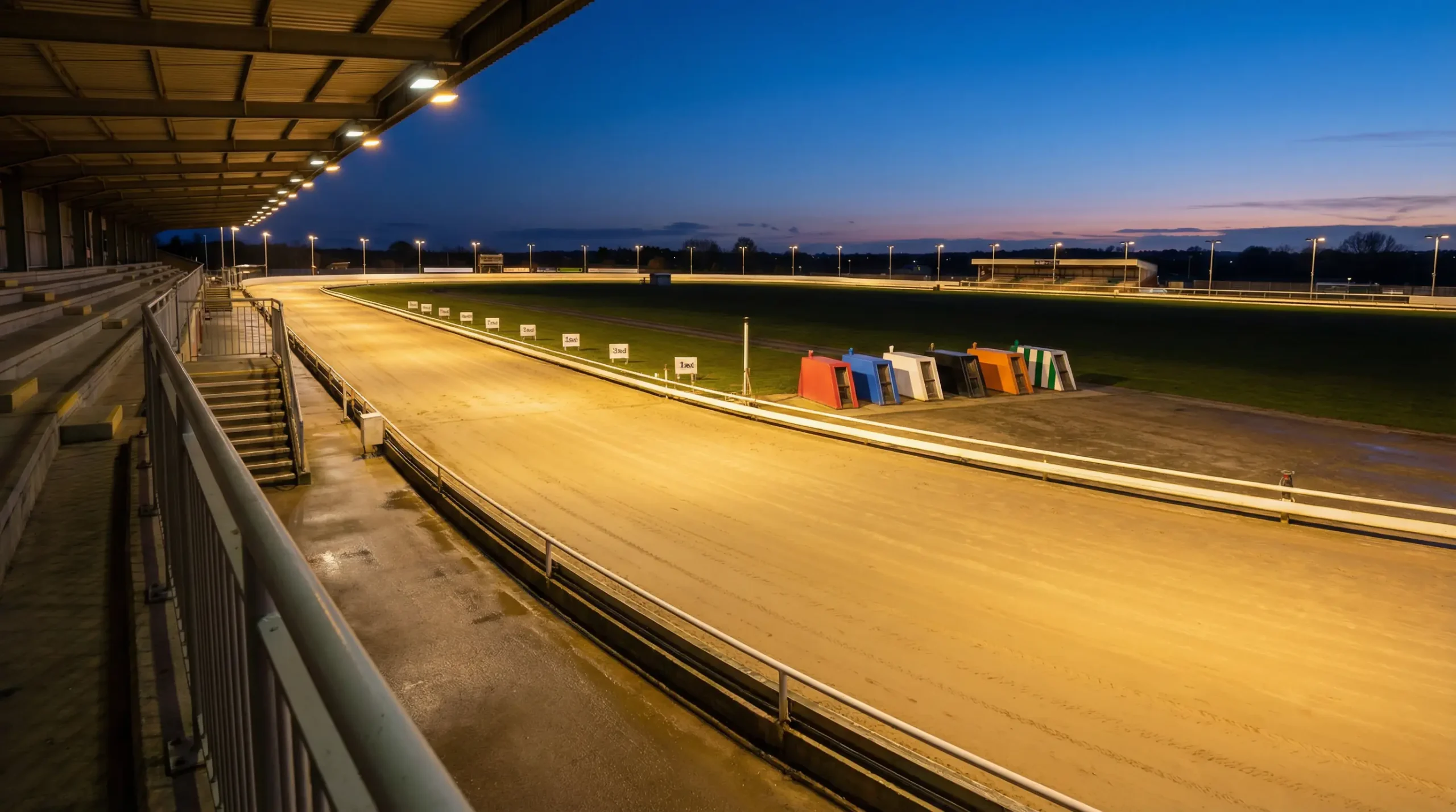 Aerial view of Monmore Green greyhound stadium showing the sand track layout and six starting traps