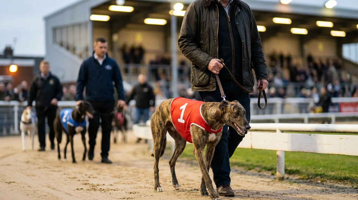 Close-up of a greyhound in racing jacket being inspected before a race at the kennels