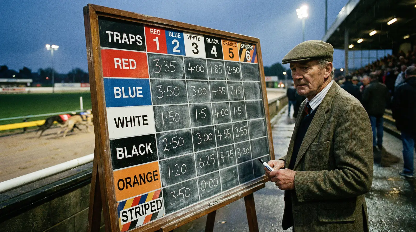 Bookmaker odds board with chalk prices at a British greyhound racing stadium