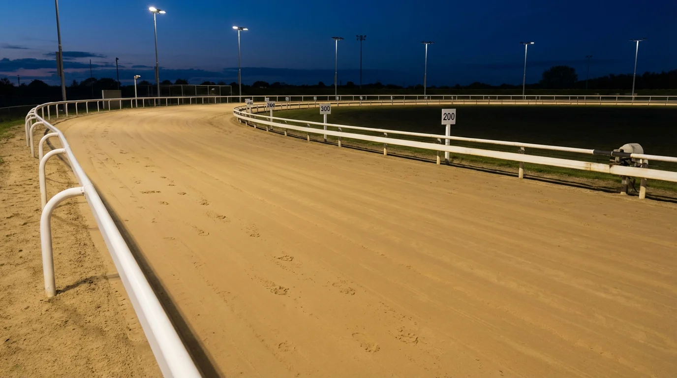Greyhound dogs racing around a floodlit sand track at different distances