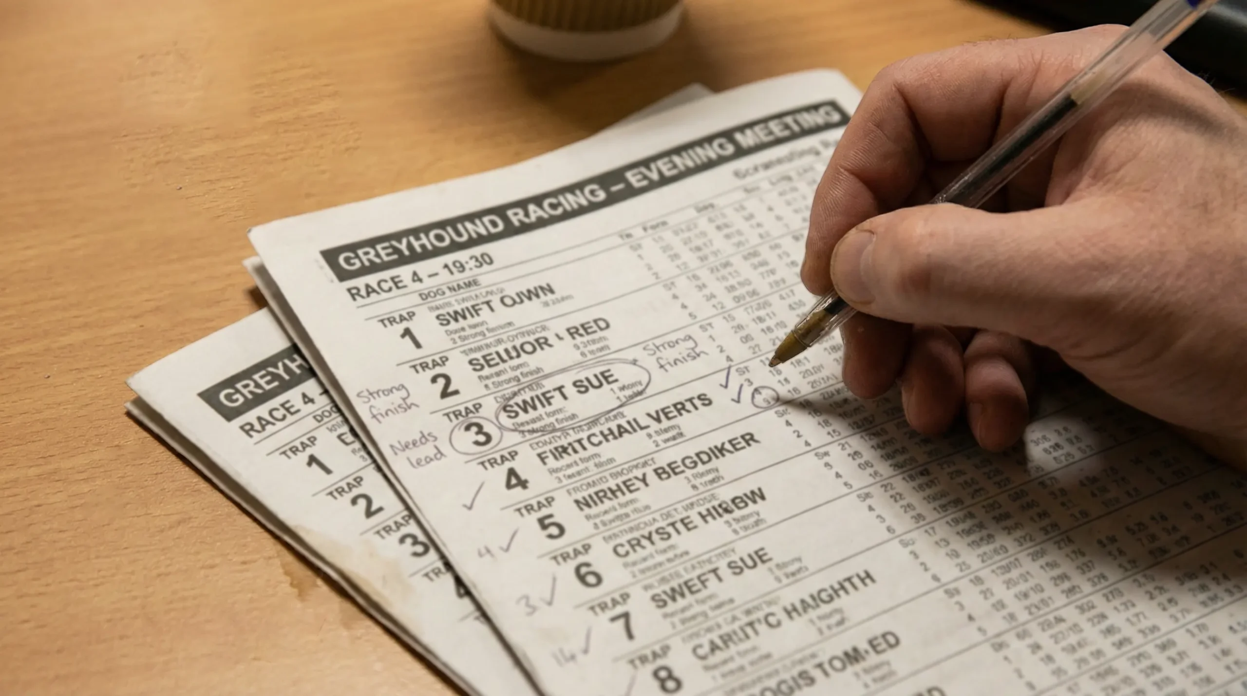 Printed greyhound racecard with a pen and notes in the margins at a stadium