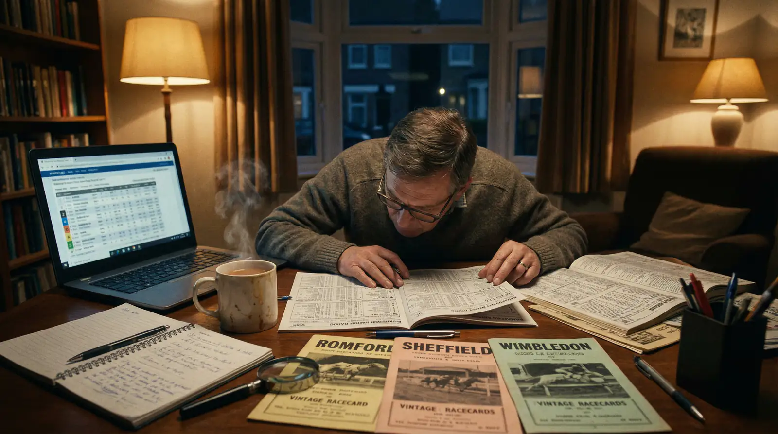 Person studying greyhound racing form data on a laptop with printed racecards