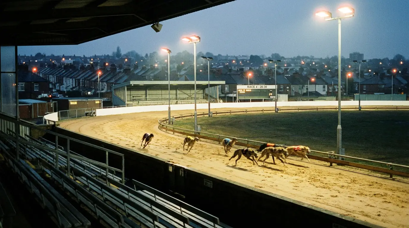 Monmore Green greyhound stadium floodlit on a racing evening in Wolverhampton