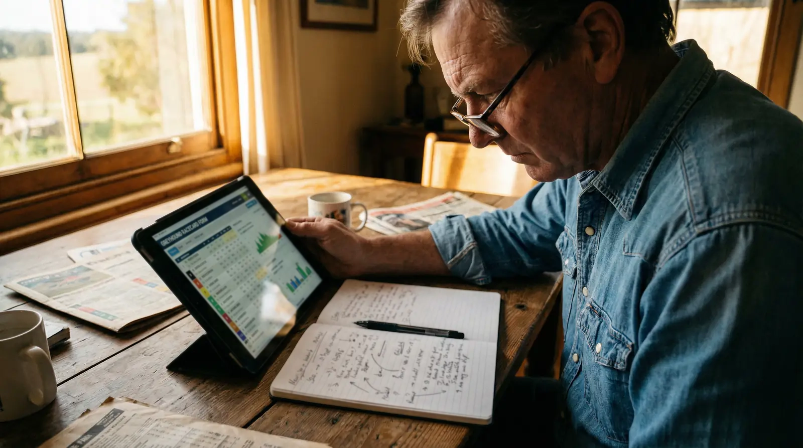 Person analysing greyhound racing form on a tablet with racecard data on screen