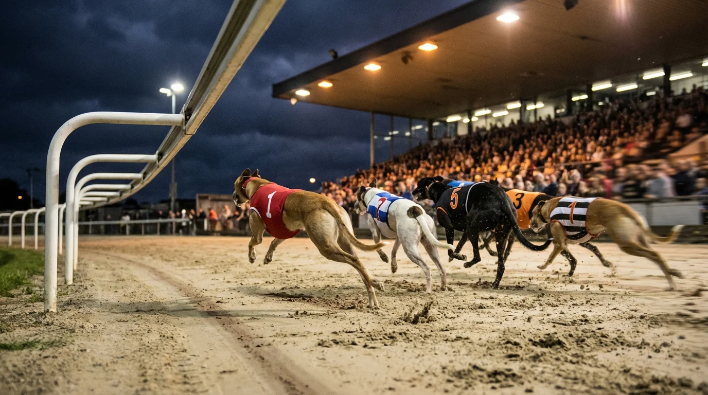 Greyhounds racing at full speed under floodlights during an evening meeting at Monmore Green