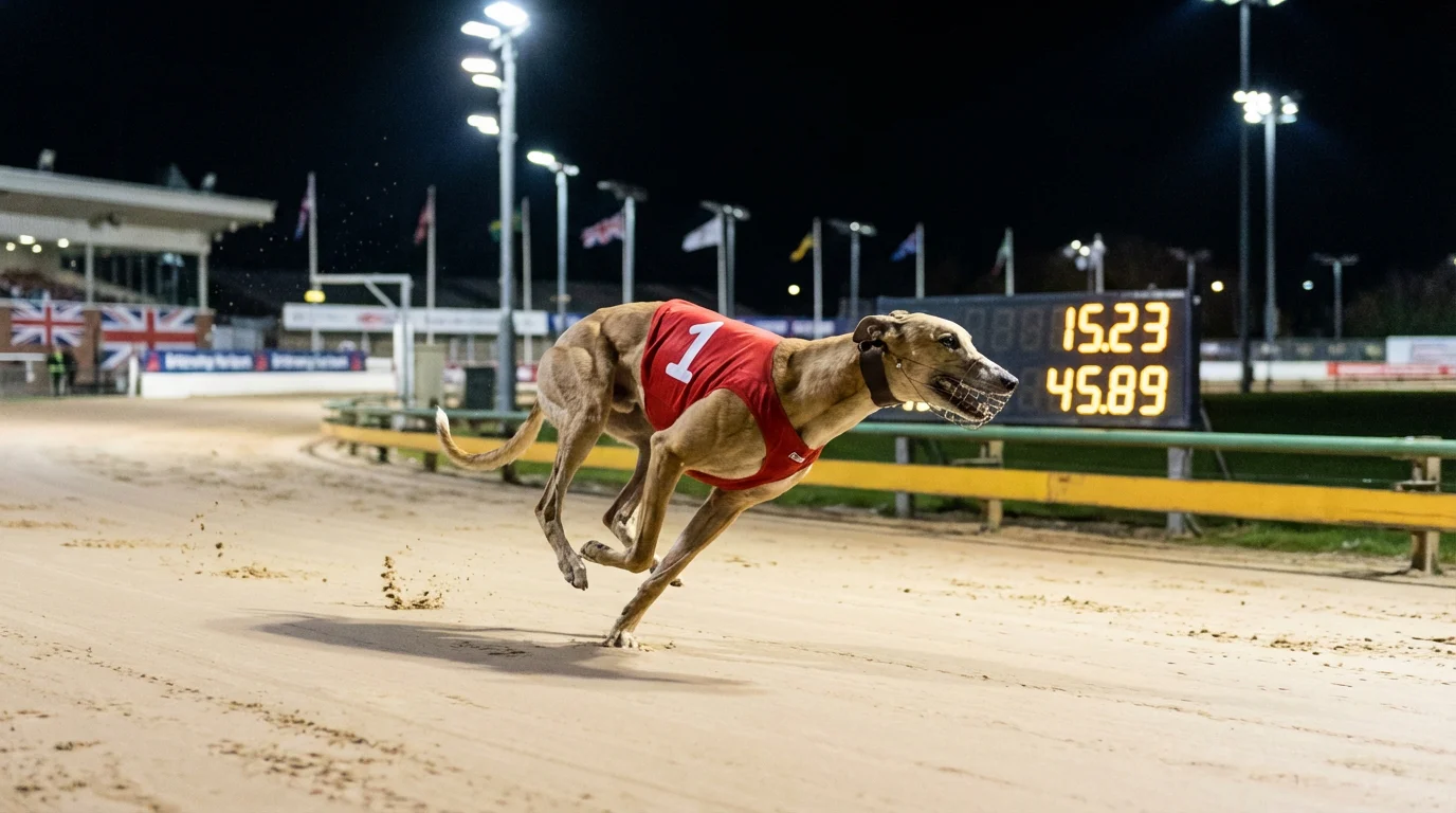 Greyhound sprinting under floodlights at Monmore Green track with timing display