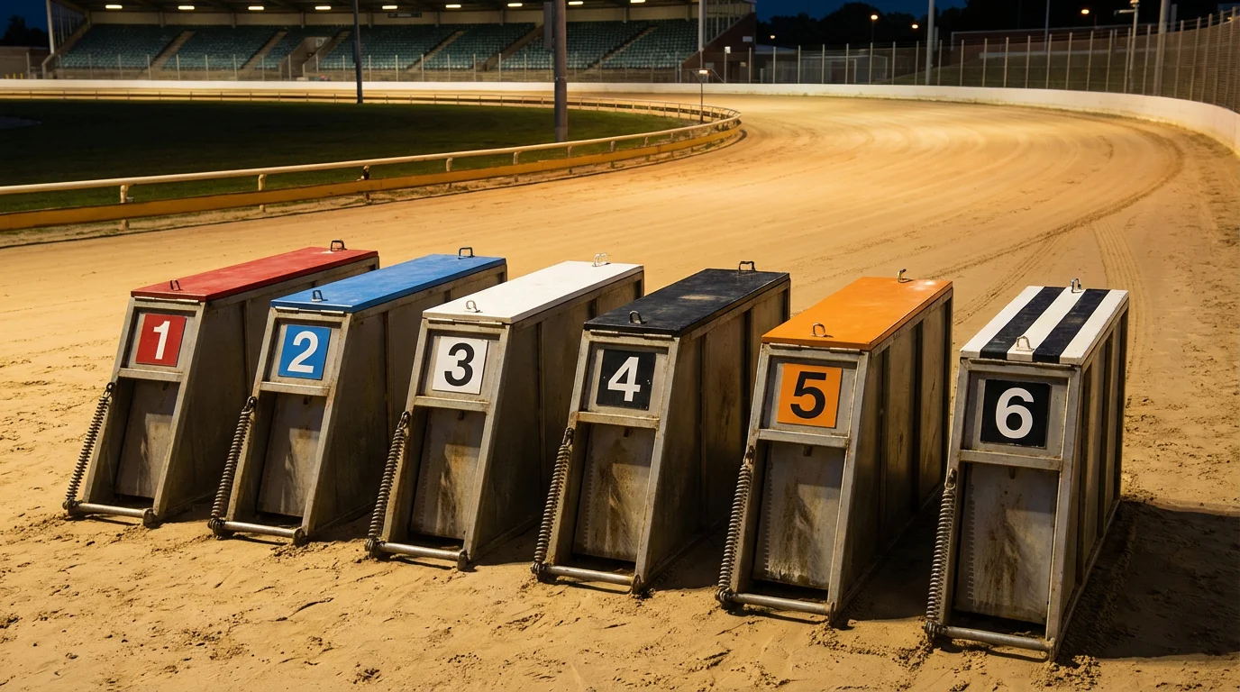 Six starting traps at a greyhound stadium with coloured lids ready for a race