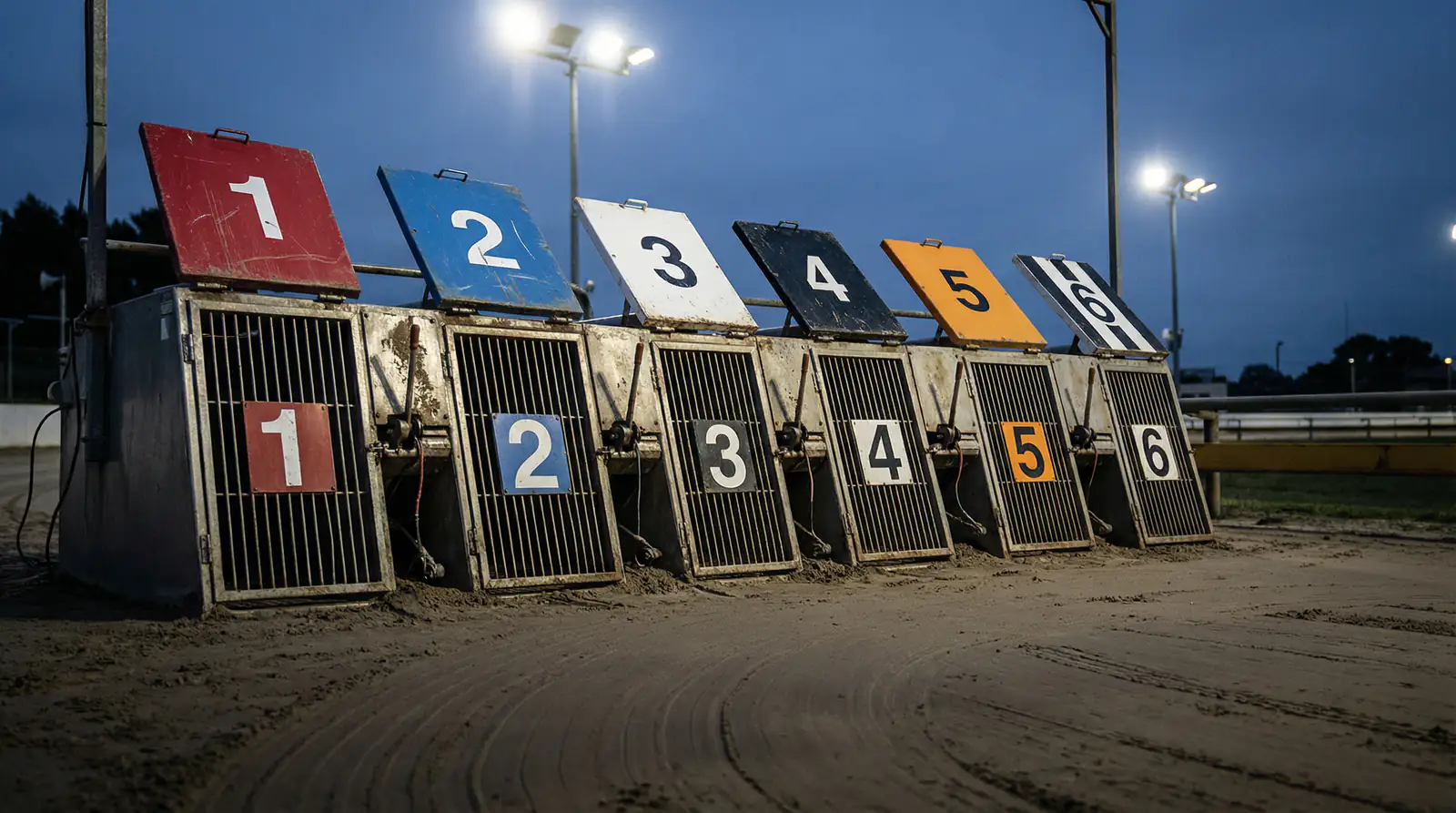Six greyhound starting traps at Monmore Green with coloured lids ready for a race