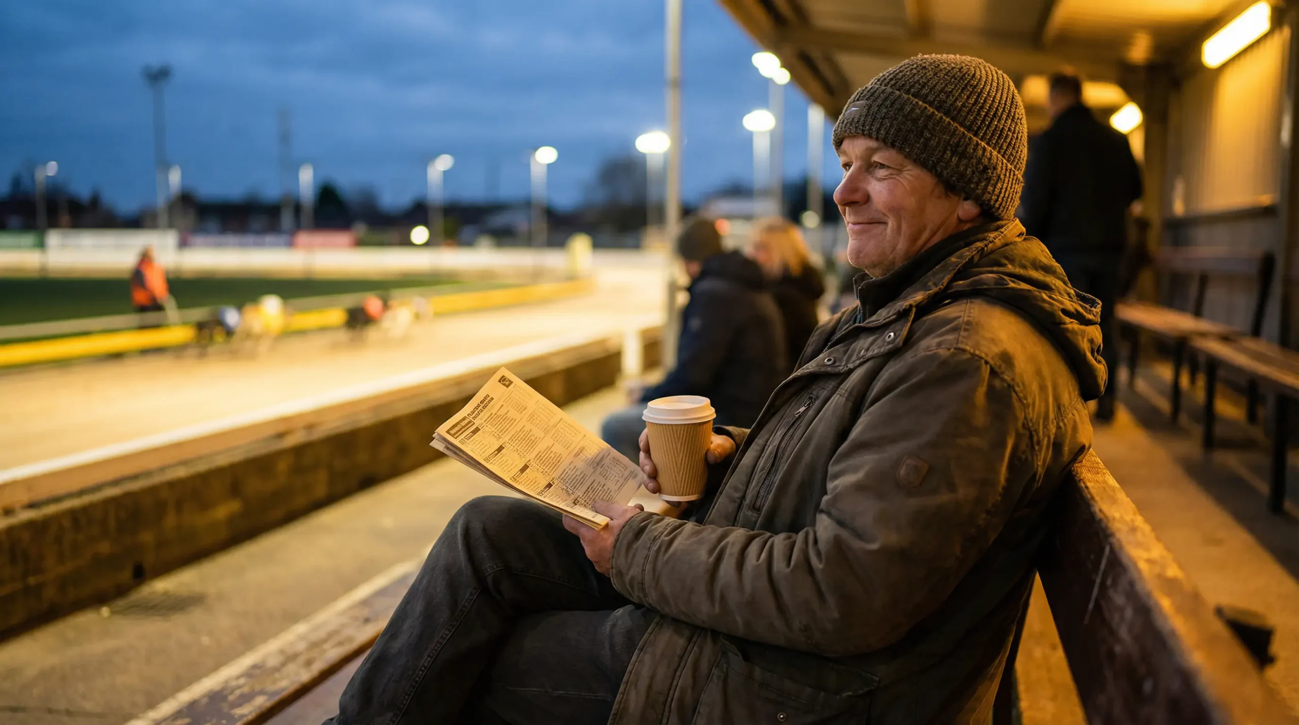 Person relaxing at a greyhound stadium enjoying the racing atmosphere